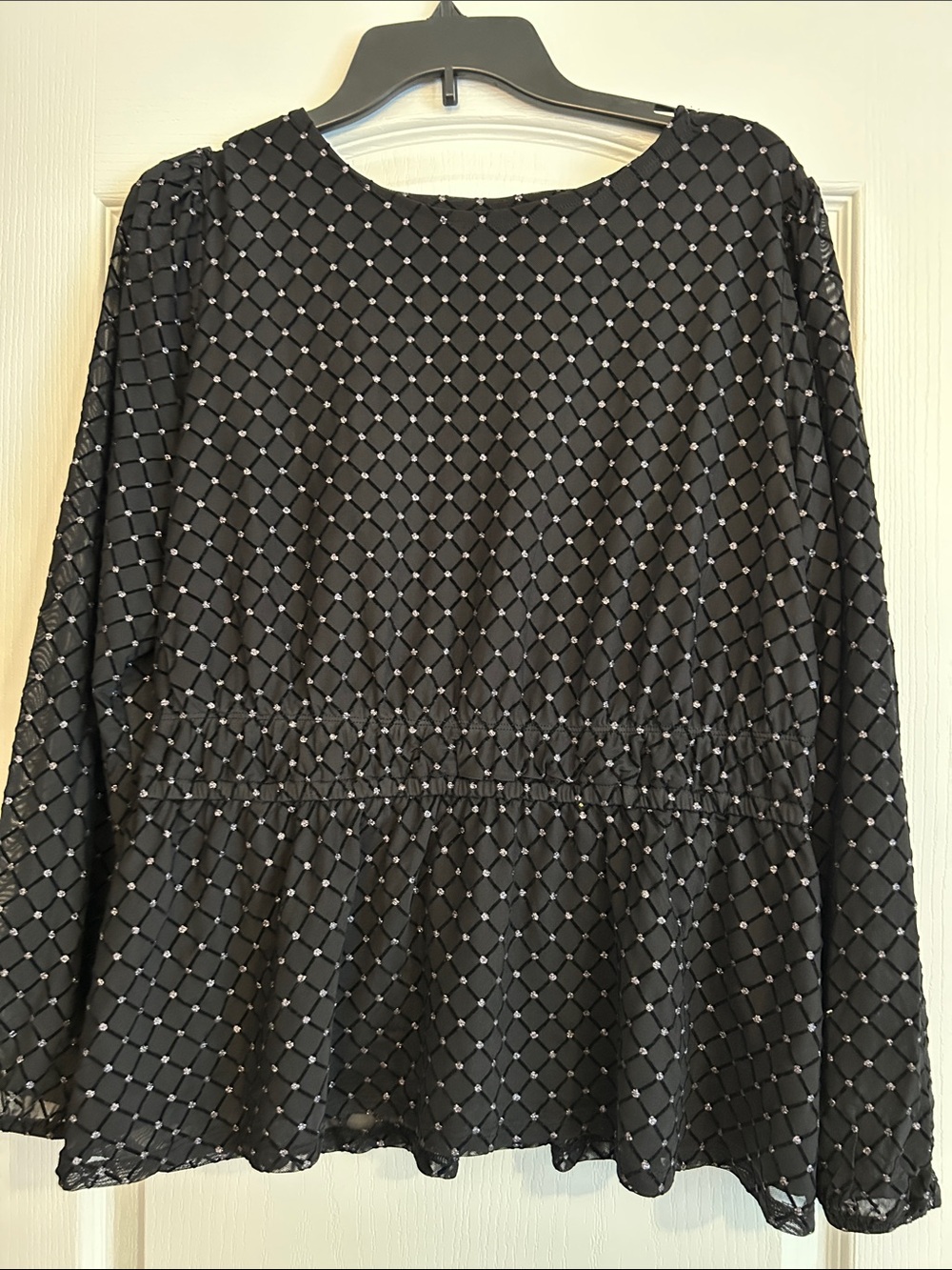 Black Long Sleeve Peplum Blouse with Silver Dot Grid